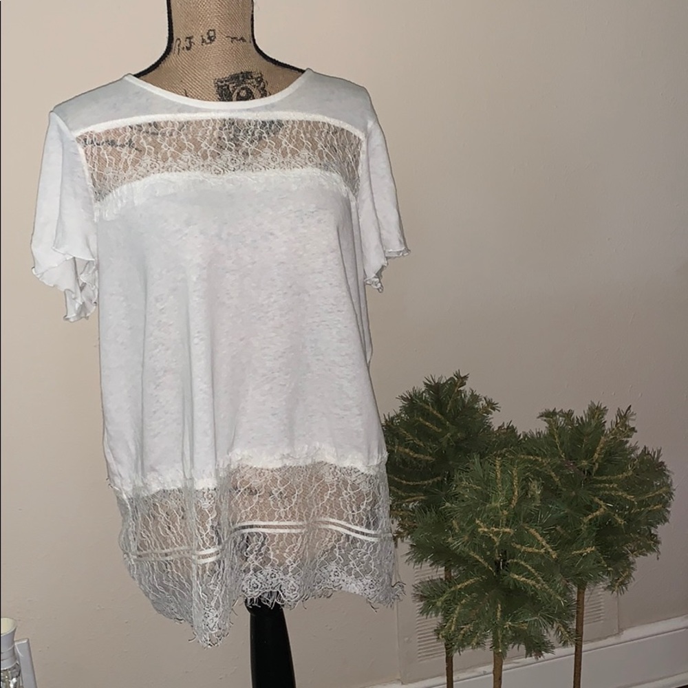 Anthropologie Deletta White Lace Short Sleeve Tee